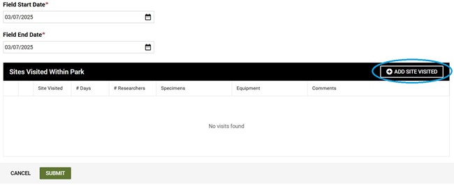 Checkout2 User's check out interface. It includes start and end dates and a table that lists sites visited. There is an add site visited link.