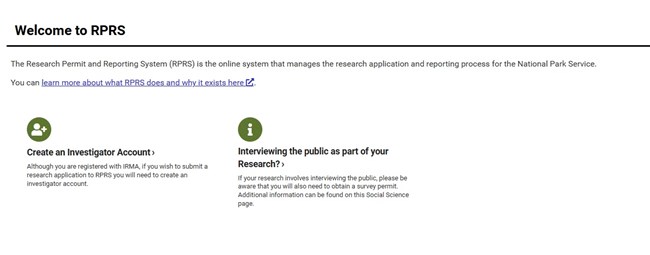 CreateAccount Image of RPRS page with link to Create an Investigator Account