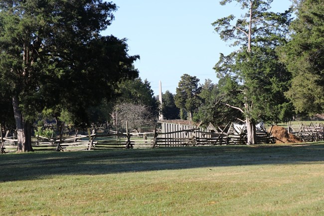 A forested landscape view of the area showing wooden fences and structures with the monument in the background.