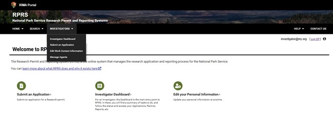 InvestigatorMenu Image of RPRS screen for an investigator. Top bar includes Investigator with drop-down menu of options. Investigator Dashboard is one of the options.