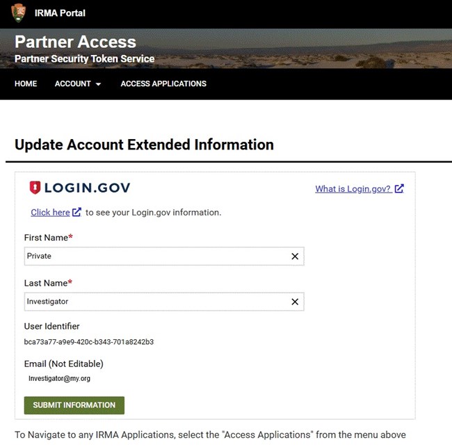 Partnerupdatescreen Window titled Update Account Extended Information and fields to enter