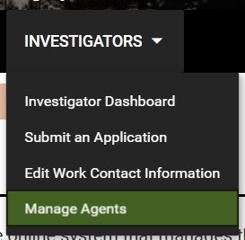 ShareAccountAccess1 User's RPRS interface with Investigators menu item on the top bar and a drop-down menu that includes Manage Agents as the last item.