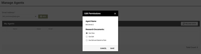 ShareAccountAccess2 A user's Manage Agents page. There is a text box with an email address that has been entered and a pop up box with 3 radio buttons and options to set permission levels.