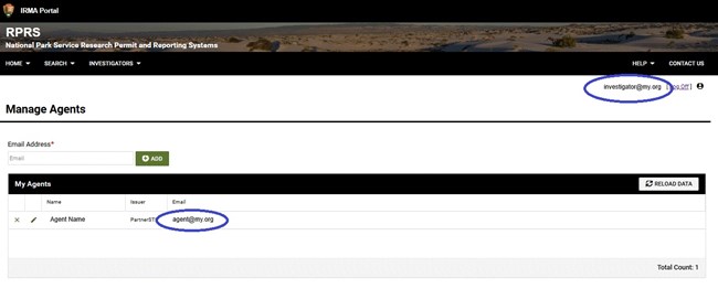 ShareAccountAccess3 User interface showing the agents that an investigator has assigned to their account. The logged in user is called investigator@my.org as shown in the top right. The person assigned as agent is called agent@my.org as shown in the table.