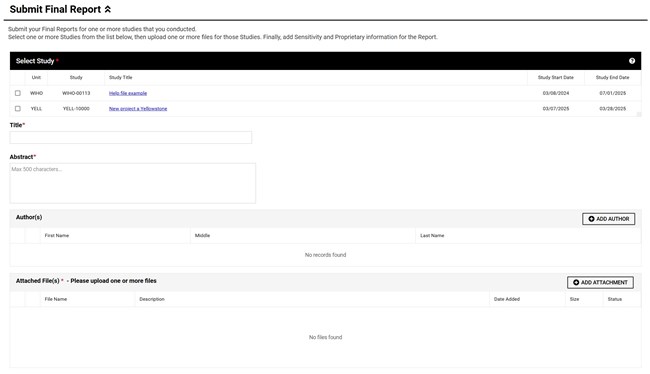 SubmitDataFinalReport2 Upper portion of form to submit final report and data files. There are text boxes and action buttons to upload files and author information.
