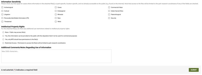 SubmitDataFinalReport3 Lower portion of form to submit final reports and data. There are checkboxes for information sensitivity and intellectual property rights and a text box for additional details.