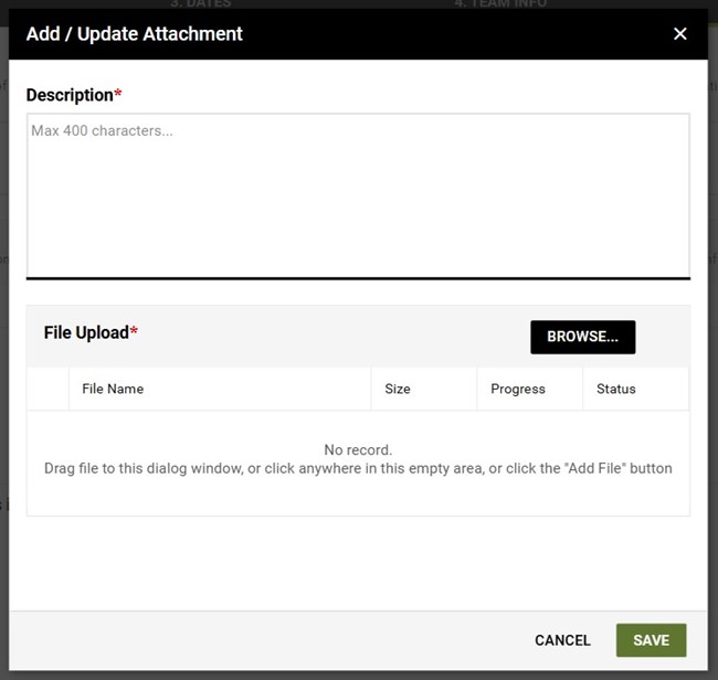 Dialog box that allows a user to attach a file to the iAR. There is a text box to enter a description and an Add File button to upload a file.