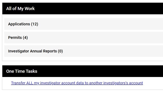 TransferAccount1 Investigator Dashboard with a link to transfer all account data to another investigator's account.