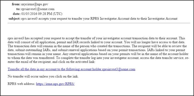 TransferAccount3 Image of system email sent to donor. It includes a link that the donor must click to complete the process.