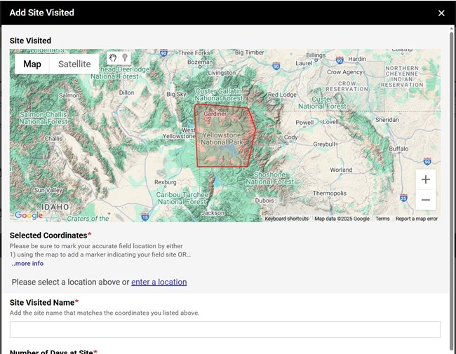 Checkout3 Check out interface showing a map with a park boundary, a pin icon at the top, and an enter a location link underneath. There are plus and minus symbols in lower right for zooming in the map. Below the map is a form with fields to provide information.
