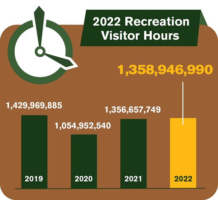 A vertical bar chart showing total recreation visitor hours in the National Park System for each of the four most recent years.