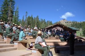Staff meeting at Lassen Volcanic National Park Park staff listen to a presentation in an open auditorium