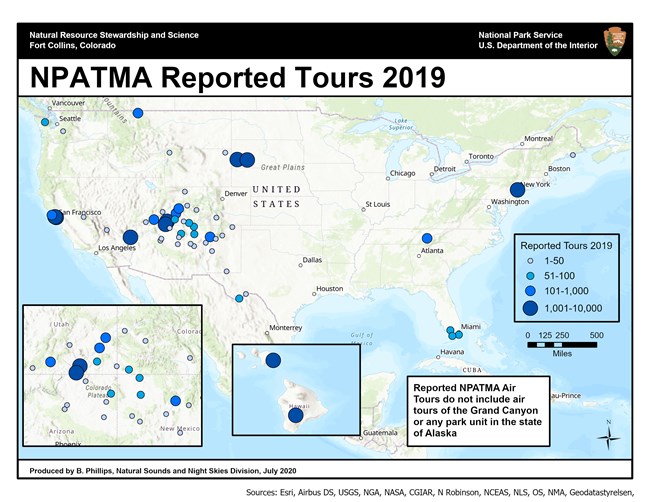 Map of the united states with blue dots indicating locations where there were reported air tours in 2019. Map of the united states with blue dots indicating locations where there were reported air tours in 2019.