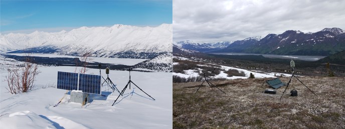 Two images of sound monitoring equipment on tripods with mountains in the background. One image is green summer, the other snowy winter.