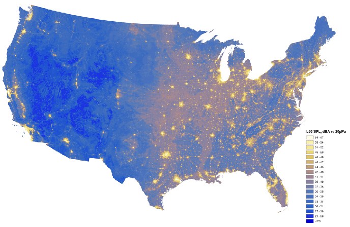 Map of the contiguous US, with brighter colors indicating louder areas.