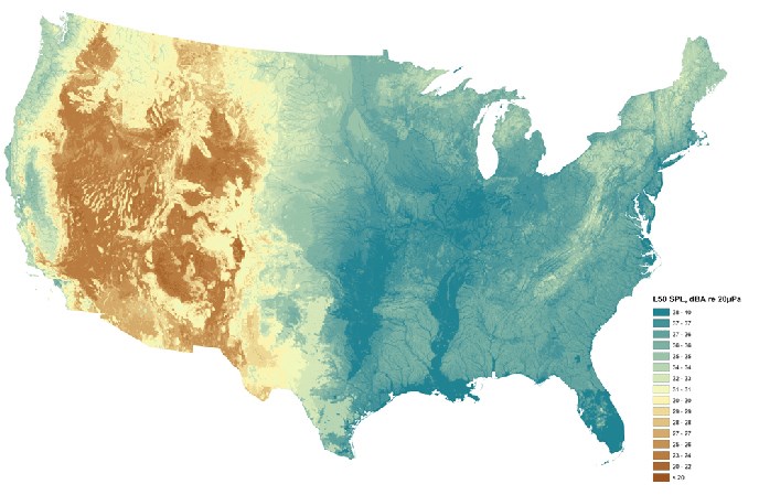 Map of contiguous US, with different colors indicating areas of different natural sound levels.