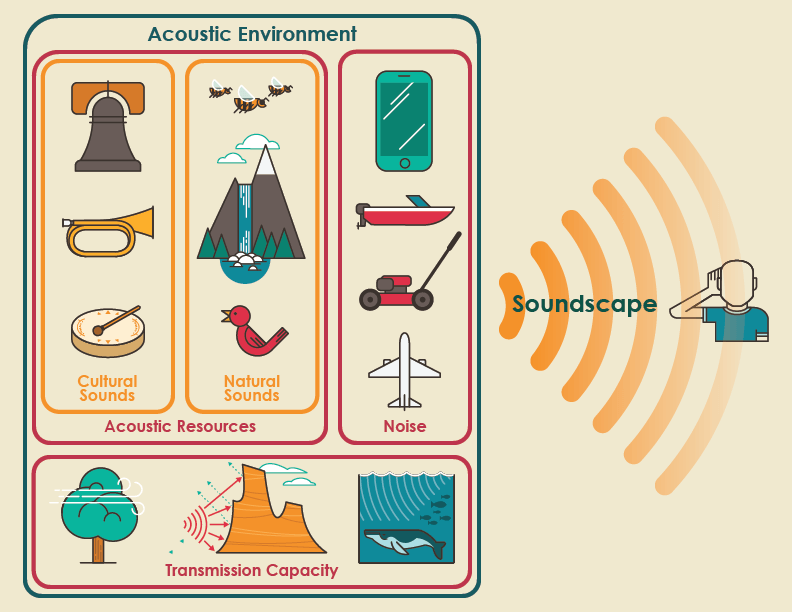 Infographic describing acoustic terms and how they interact in a park environment