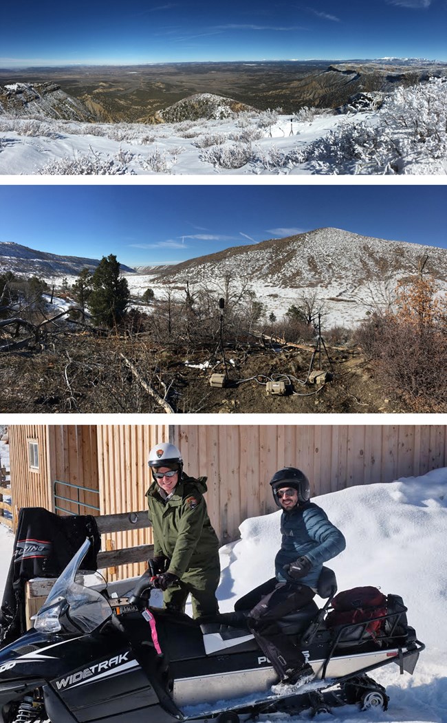 lt= Composite collage of three photos at Mesa Verde National Park—two of wilderness locations, and one of a scientist and ranger on a snowmobile