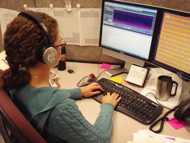 An acoustic technician looks at the spectrogram of natural sounds gathered from a national park location.