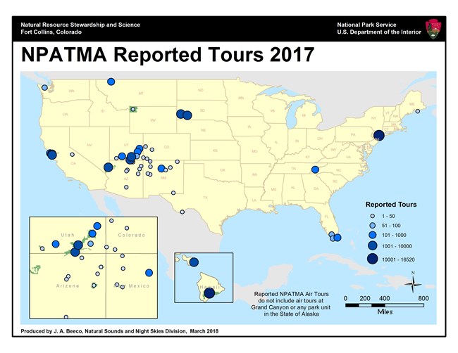 Reported_2017_8_13_2018 Graphic correlates numbers and areas of air tour activity in U.S. national parks in 2017. Refer to the accompanying 2017 Annual Report for specific details.