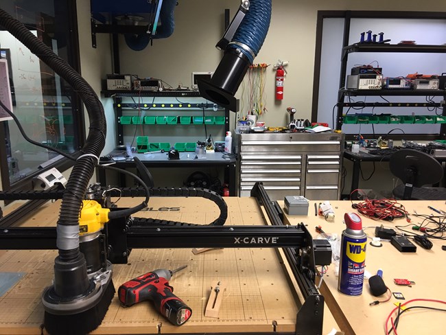 Part tech shop, equipment cage, and staging ground for field trips, the lab is busy with projects in every corner.