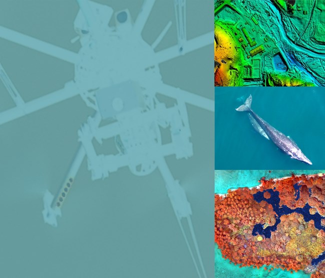 UAS small poster poster image shows ghosted drone and aerial images of land and a whale