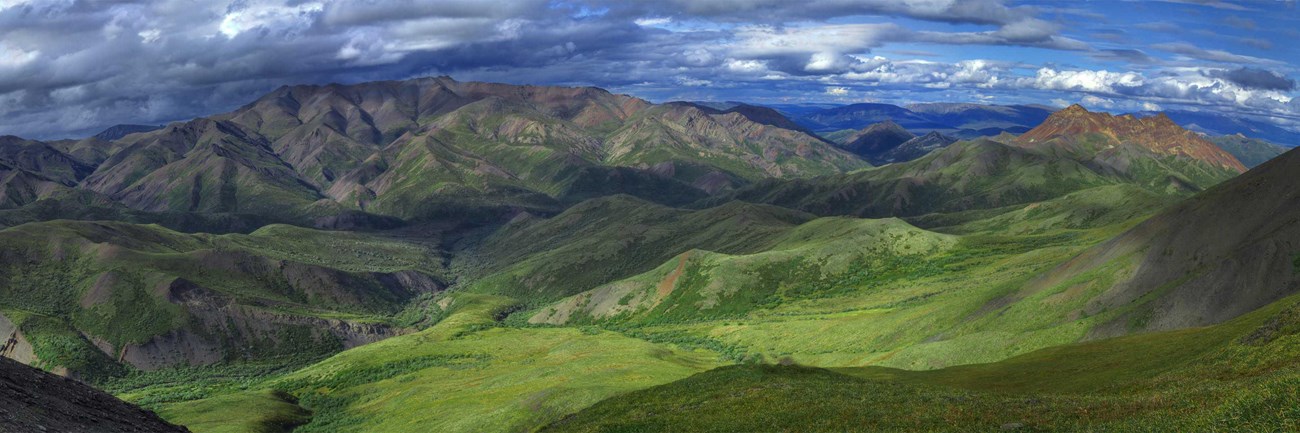 Sweeping view of undulating, green mountains and valleys.