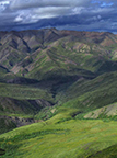 A vivid blue sky frames this sweeping view of undulating, green mountains and valleys. A vivid blue sky frames this sweeping view of undulating, green mountains and valleys.