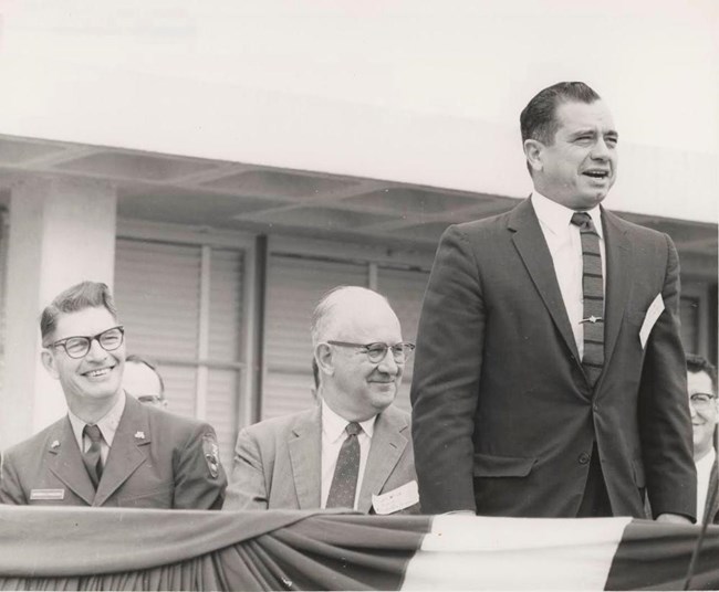 (Left to Right) Warren F Hamilton, Everglades Superintendent, Conrad l. Wirth, National Park Service Director, and Congressman Dante Fascell