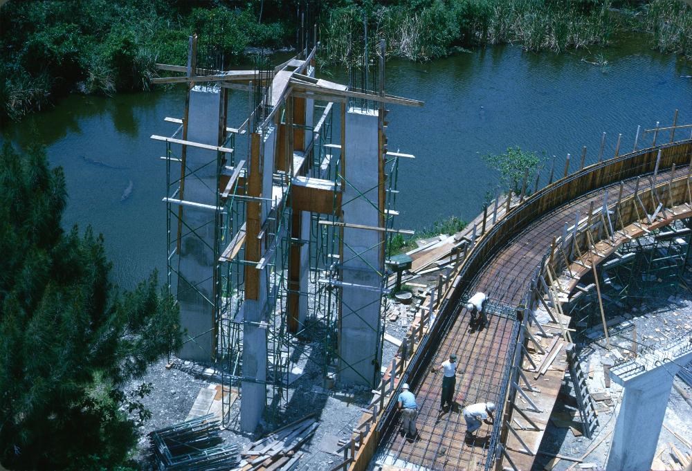 An aerial view of the Shark Valley Lookout Tower under construction in 1964