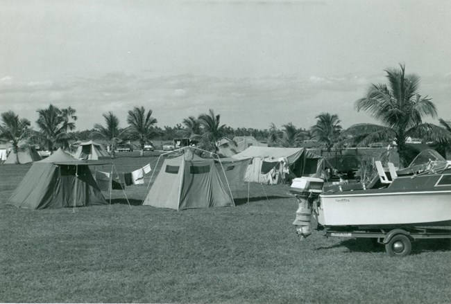 Photo of the Flamingo campground in 1963 with tents pitched on the grass.