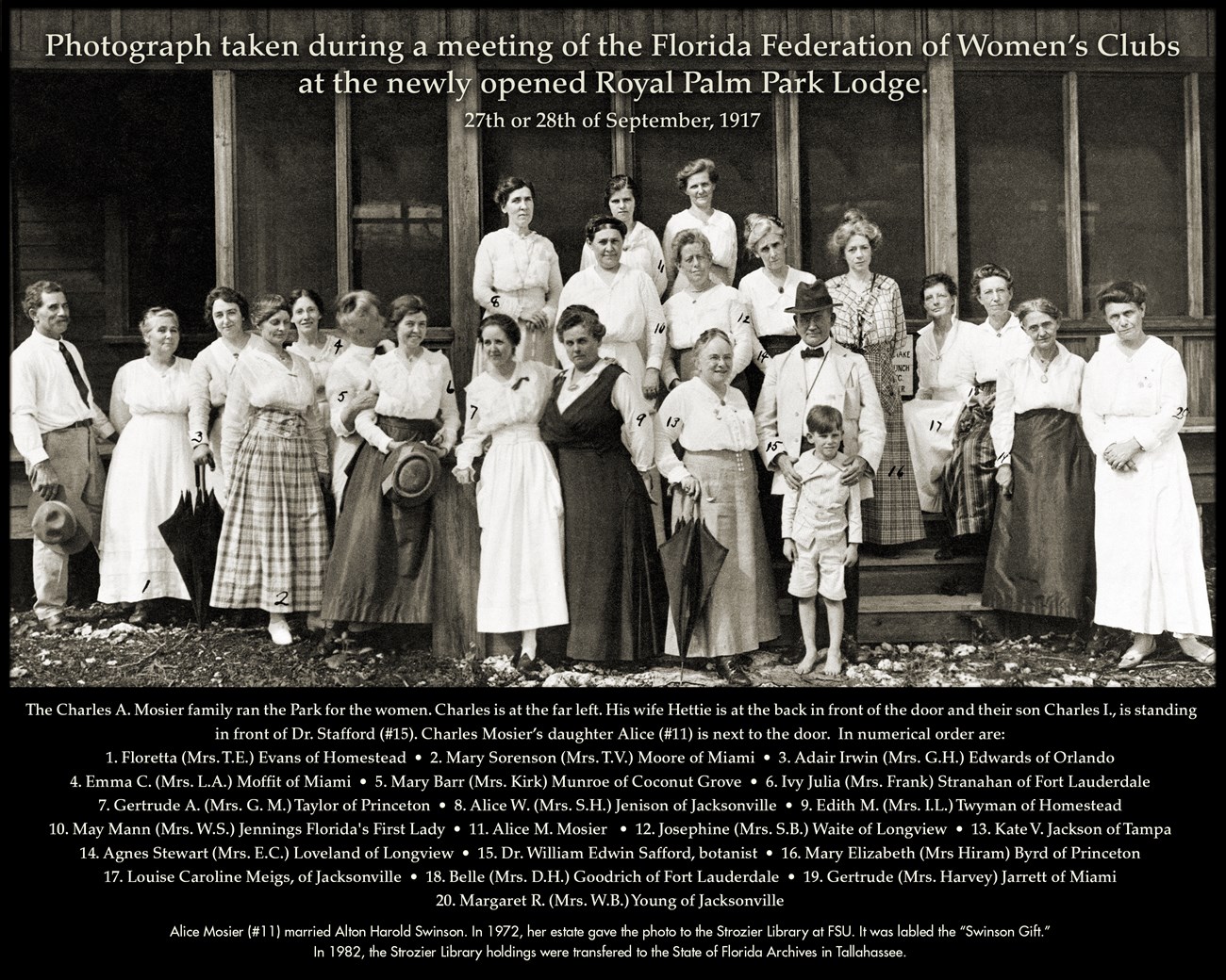 Group of white people in front of Royal Palm lodge Photograph of the Florida Federation of Women's Club taken at the newly opened Royal Palm Park Lodge