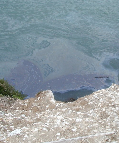 Ribbons of oil twist and turn in the water as pools of oil start to spread across the surface.