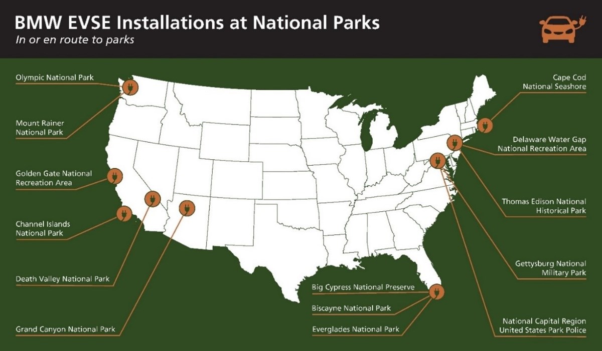 Map of electric vehicle charging stations in national parks