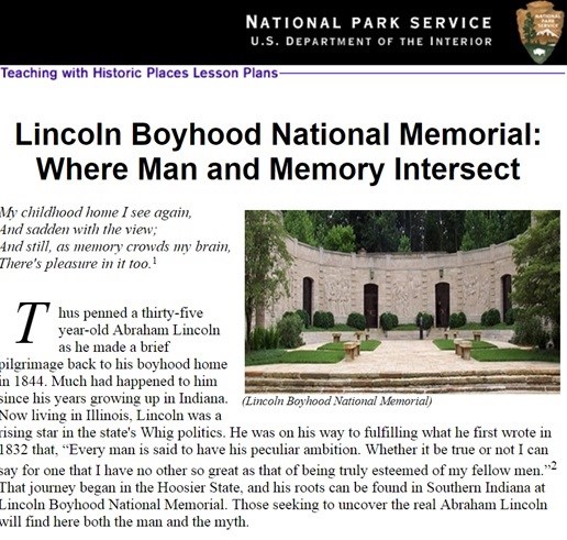 Find the lesson plan for Lincoln Boyhood National Memorial Example of the lesson plan for Lincoln Boyhood National Memorial
