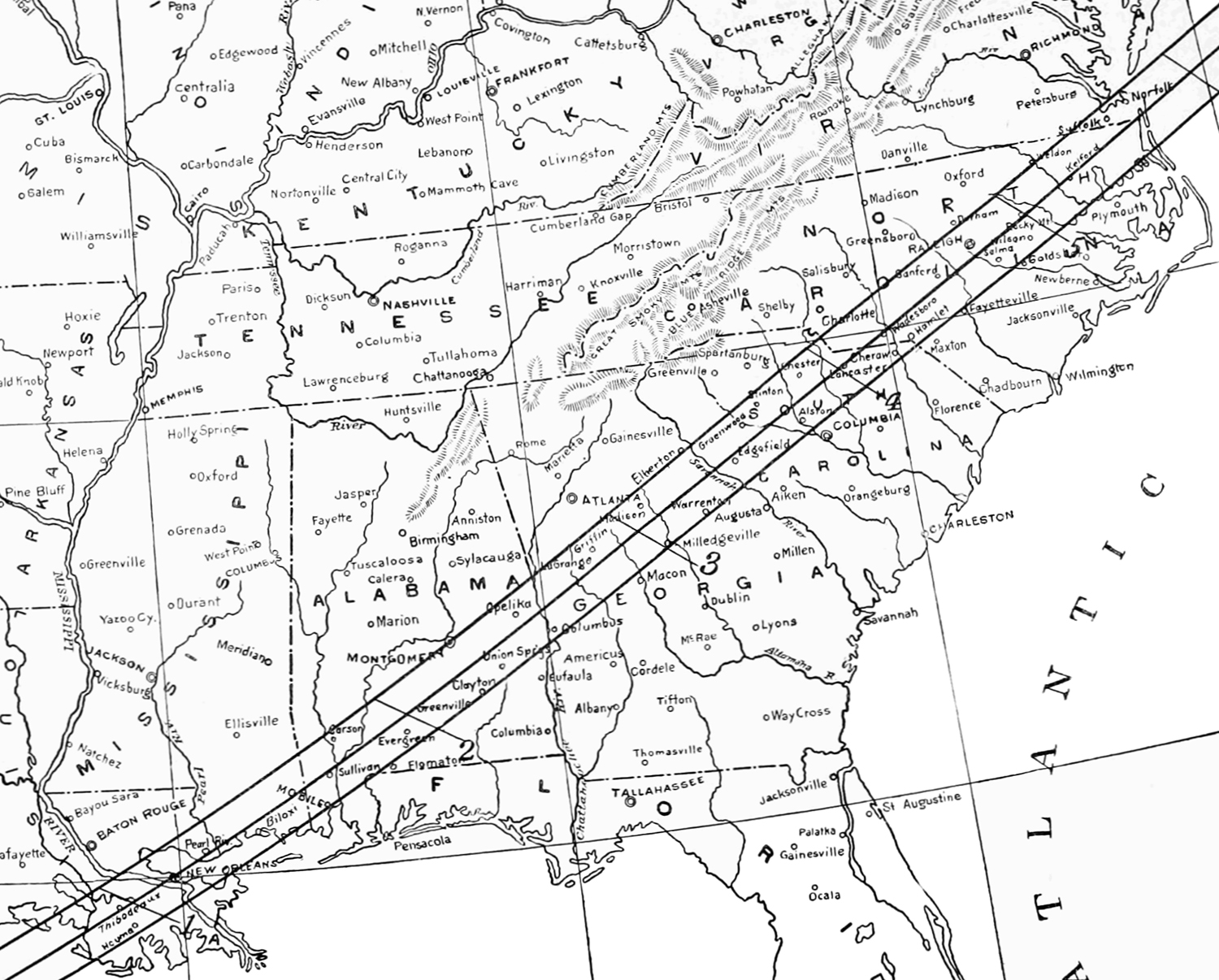 Map 1: Path of Totality during the May 28, 1900 Solar Eclipse. Black and white map of southeastern united states shows three lines crossing the states of Mississippi, Georgia, South Carolina, and North Carolina.