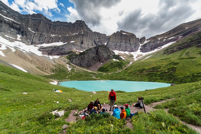 People eating dinner at Cracker Lake, Glacier National Park