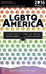 The cover of LGBTQ America: A Theme Study of Lesbian, Gay, Bisexual, Transgender, and Queer History with rainbow dots on a white background