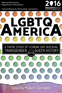 The cover of LGBTQ America: A Theme Study of Lesbian, Gay, Bisexual, Transgender, and Queer History with rainbow dots on a white background