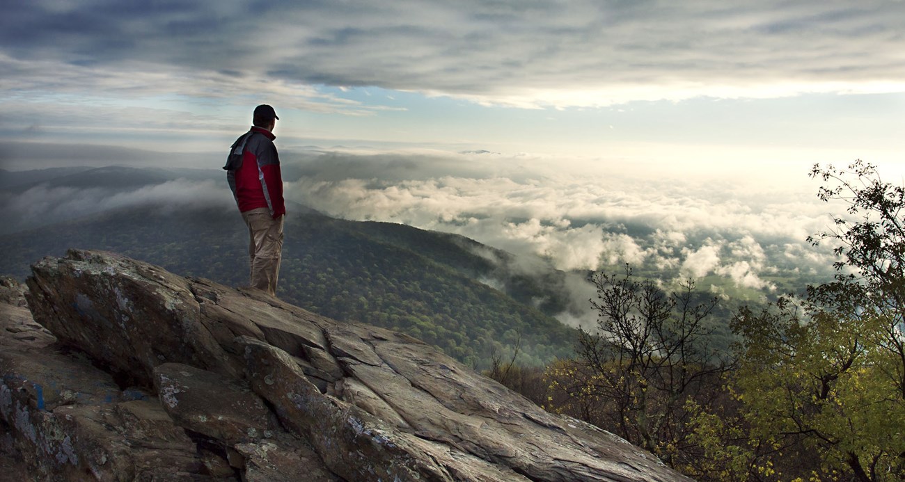 A man stands on a rock cliff looking out over a valley