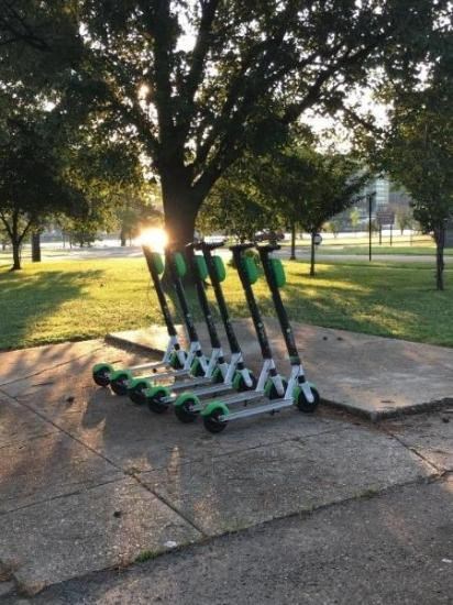 EscootersatNAMA six E-Scooters lined up in a park setting