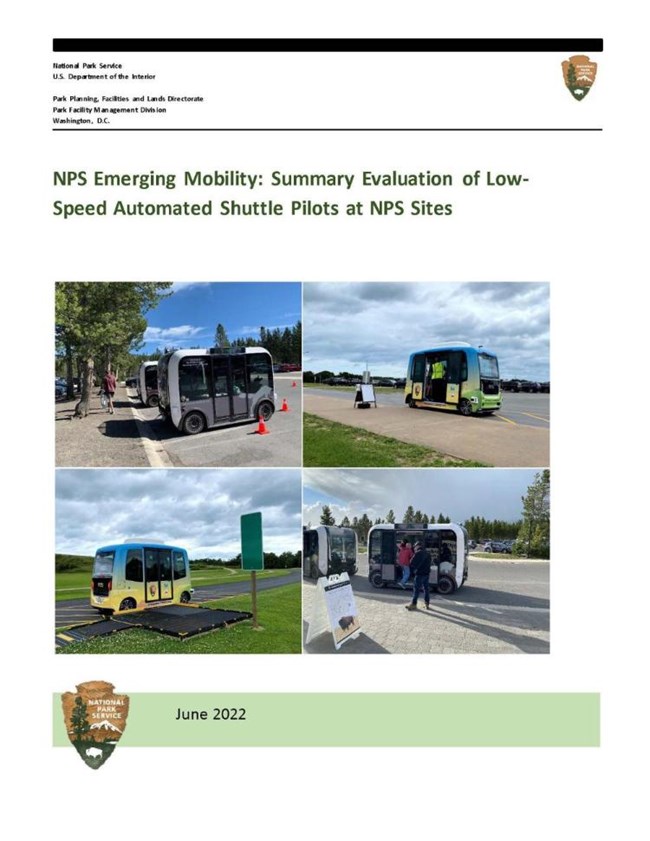 NPS Automated Shuttle Pilots Evaluation Summary Cover Cover of Summary report depicting 4 different views of Automated shuttles