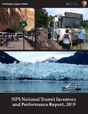 NTI_2019_Report_cover Report cover with Zion shuttle, Acadia's Island Explorer and boat in front of blue glacier