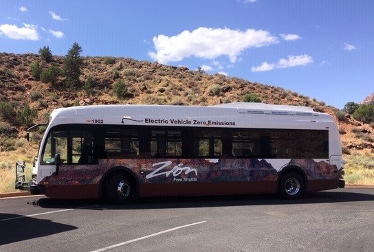 An electric bus used during a demonstration at Zion in 2019