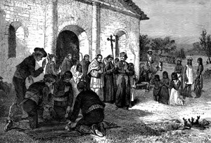 lt= Illustration of the Alamo as a mission as imagined in 1883.