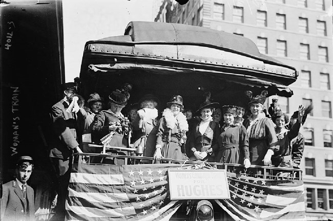 women on the "Women's Campaign Train for Hughes," i.e., Republican presidential candidate Charles Evans Hughes, 1916.