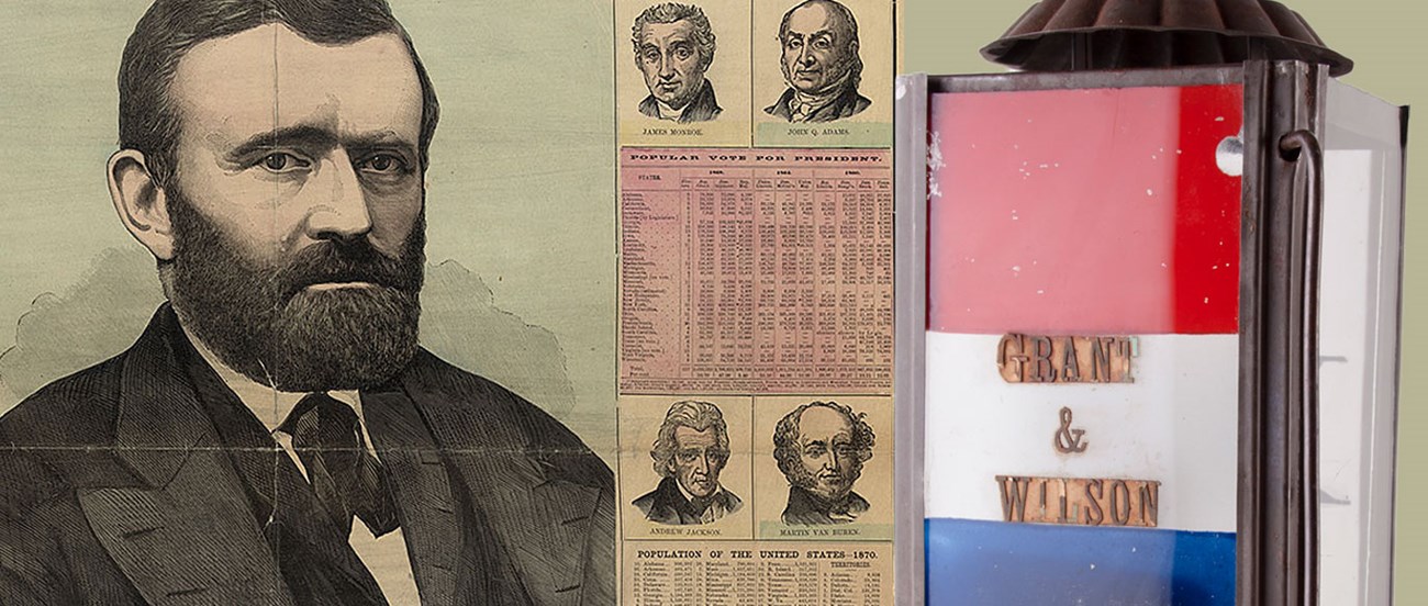 Collage with Ulysses S Grant Republican Chart and Campaign Lantern