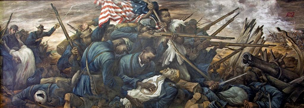 The 54th Massachusetts regiment with African American and white soldiers fighting at Fort Wagner, South Carolina.
