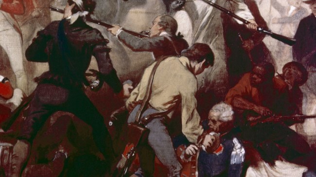 Scene depicting the Battle of Bunker Hill with African American soldier to the far right
