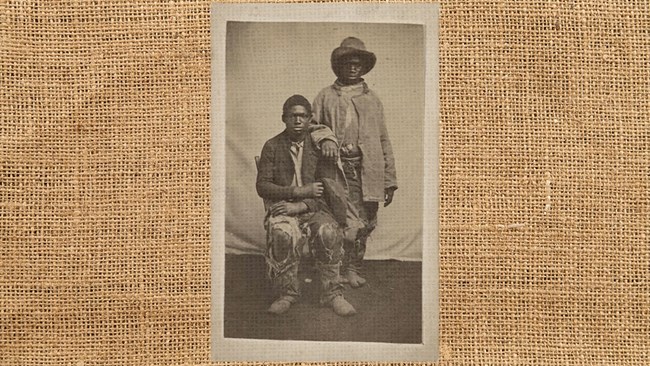 Digital_Storytelling A photo of African American cotton field workers layered over a burlap texture.
